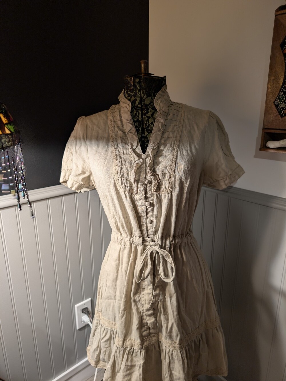 Women's Cream Ruffle Button-Front Dress with Waist Tie